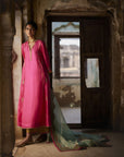 Nadira Hot Pink Silk Butti Back Yoke Kurta Set