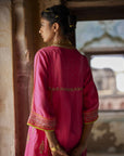 Nadira Hot Pink Silk Butti Back Yoke Kurta Set
