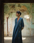 Nadira Teal Silk Butti Back Yoke Kurta Set