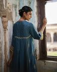Nadira Teal Silk Butti Back Yoke Kurta Set