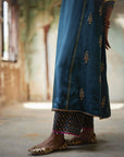 Nadira Teal Silk Butti Back Yoke Kurta Set