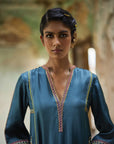 Nadira Teal Silk Butti Back Yoke Kurta Set