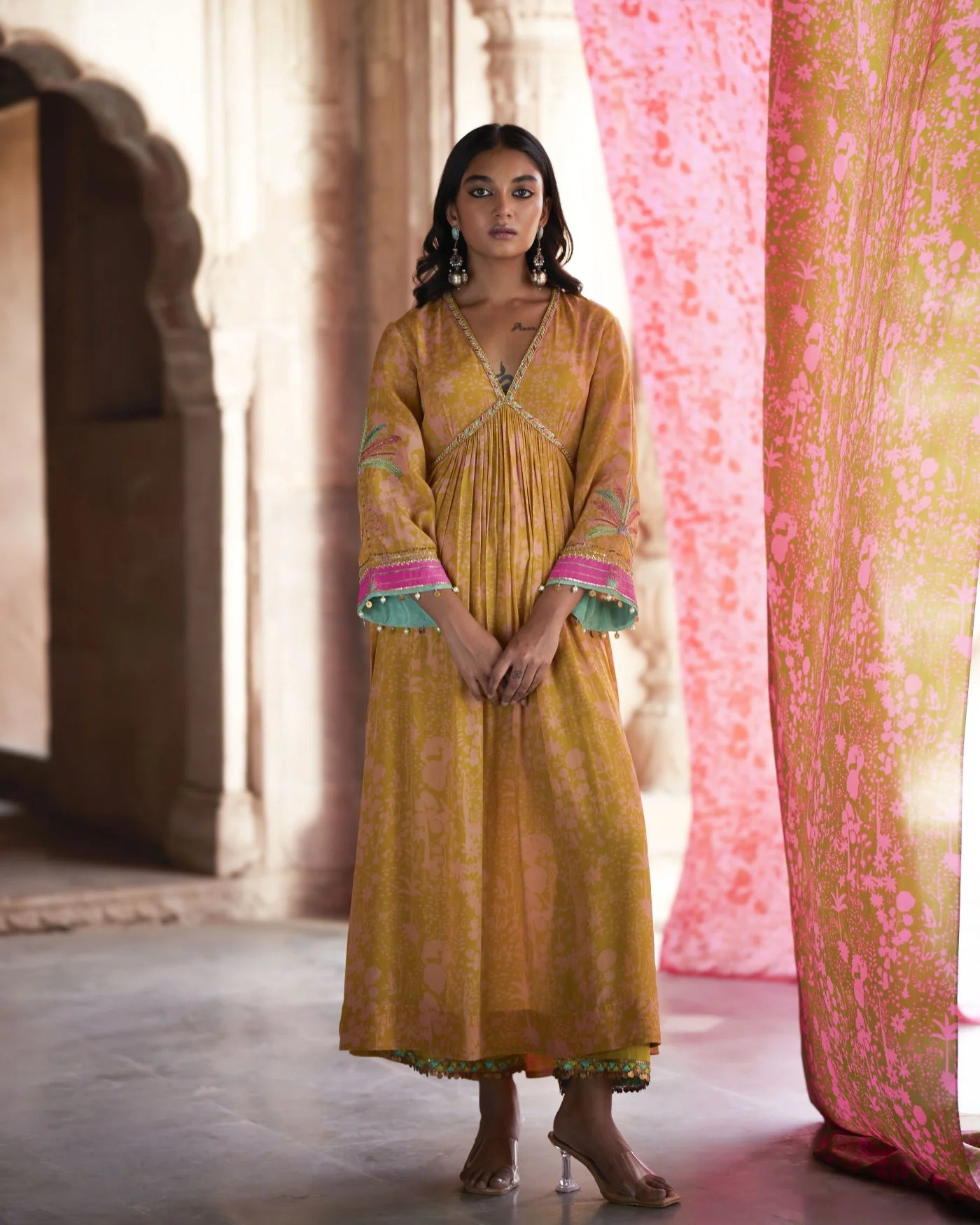 Nadira Yellow Tree Bell Sleeve Kurta Set