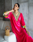 Zeenat Aman Hot Pink Velvet Kaftan Kurta Set