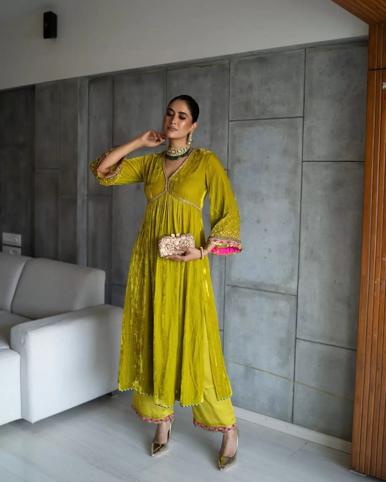 Nadira Lime Yellow Sprinkle Bell Sleeve Velvet  Kurta Set