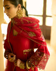 Nisbat Red Silk Side Kali Kurta Set