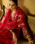 Nisbat Red Silk Side Kali Kurta Set