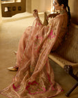Nisbat Nude Pink Tissue Floral Jaal Saree Set