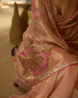 Nisbat Nude Pink Tissue Floral Jaal Saree Set