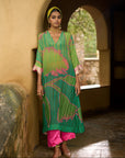 Nisbat Green Flower Print Kaftan Set