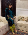 Nisbat Turquoise Green Flower Boota Kurta Set