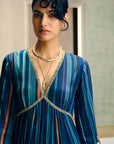 NILOUFER TEAL-POWDER BLUE STRIPE ALIA CUT KURTA SET