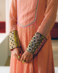 NILOUFER ROSE PINK STRIPE CHANDERI FRONT PUCKERING KURTA SET