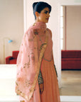 NILOUFER ROSE PINK STRIPE CHANDERI FRONT PUCKERING KURTA SET