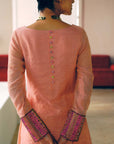 NILOUFER ROSE PINK STRIPE CHANDERI FRONT PUCKERING KURTA SET