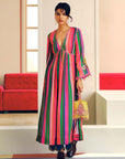 NILOUFER PINK-GREEN STRIPE ALIA CUT KURTA SET