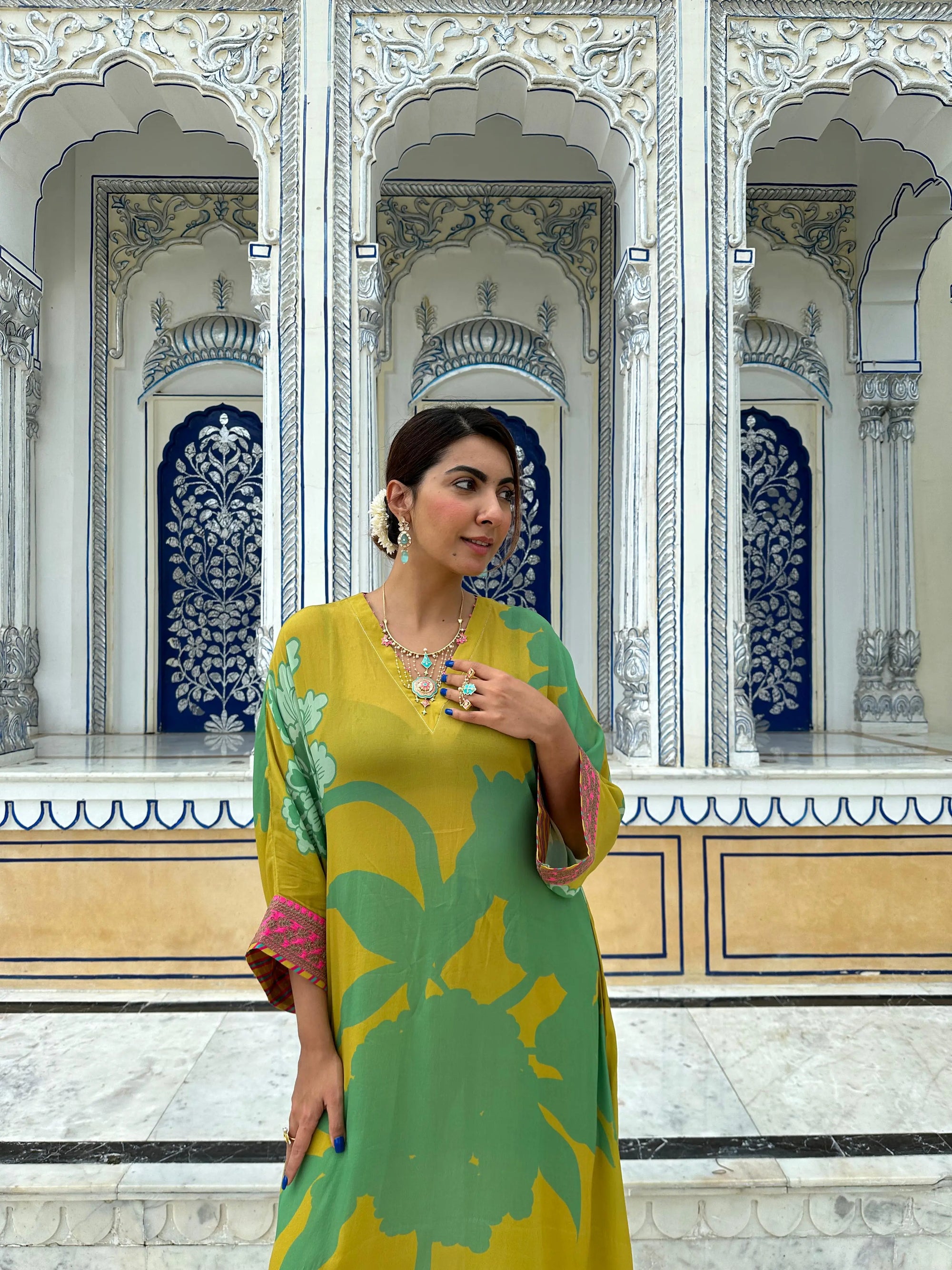 Gul Lime Yellow Flower Niki Mehra Kaftan Kurta Set