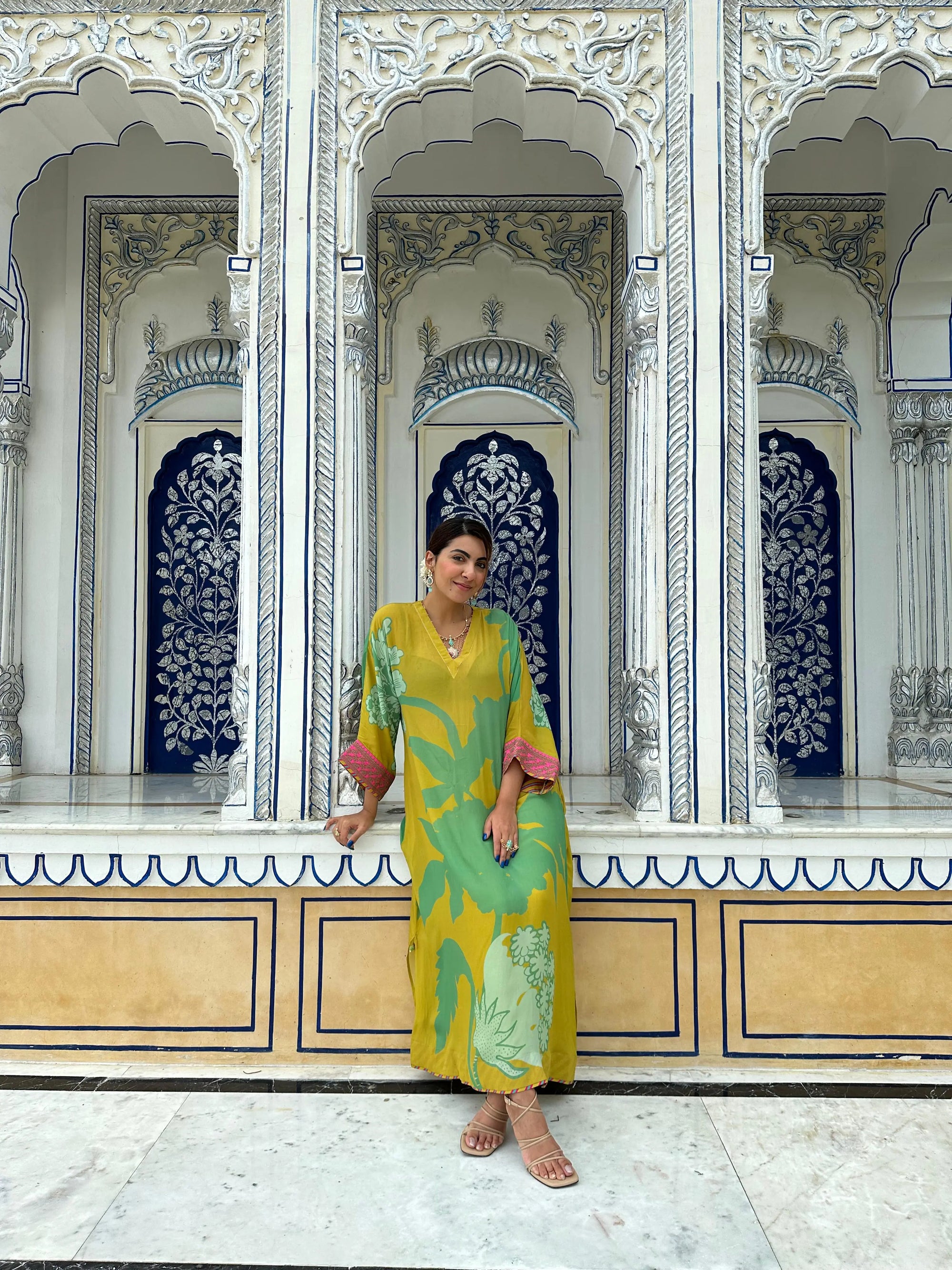 Gul Lime Yellow Flower Niki Mehra Kaftan Kurta Set