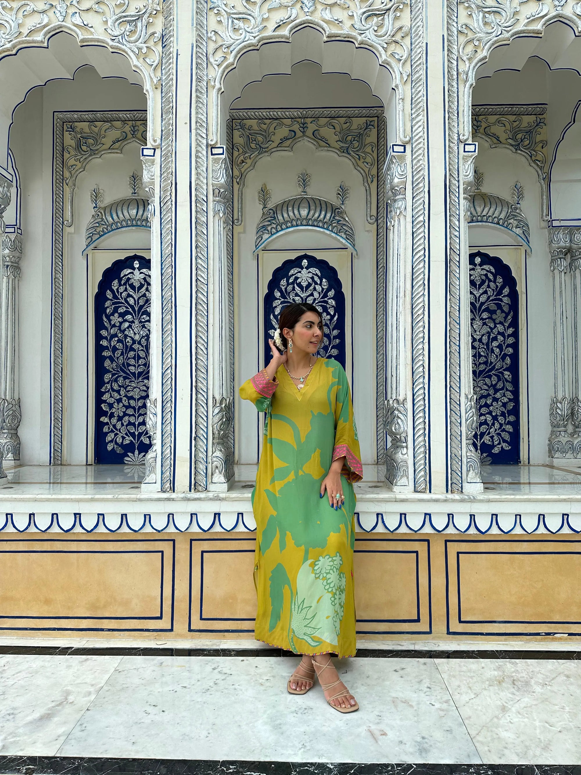 Gul Lime Yellow Flower Niki Mehra Kaftan Kurta Set