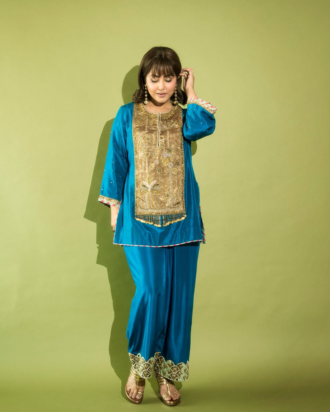 Hina Khan Teal Blue Silk Antique yoke Kurta Set
