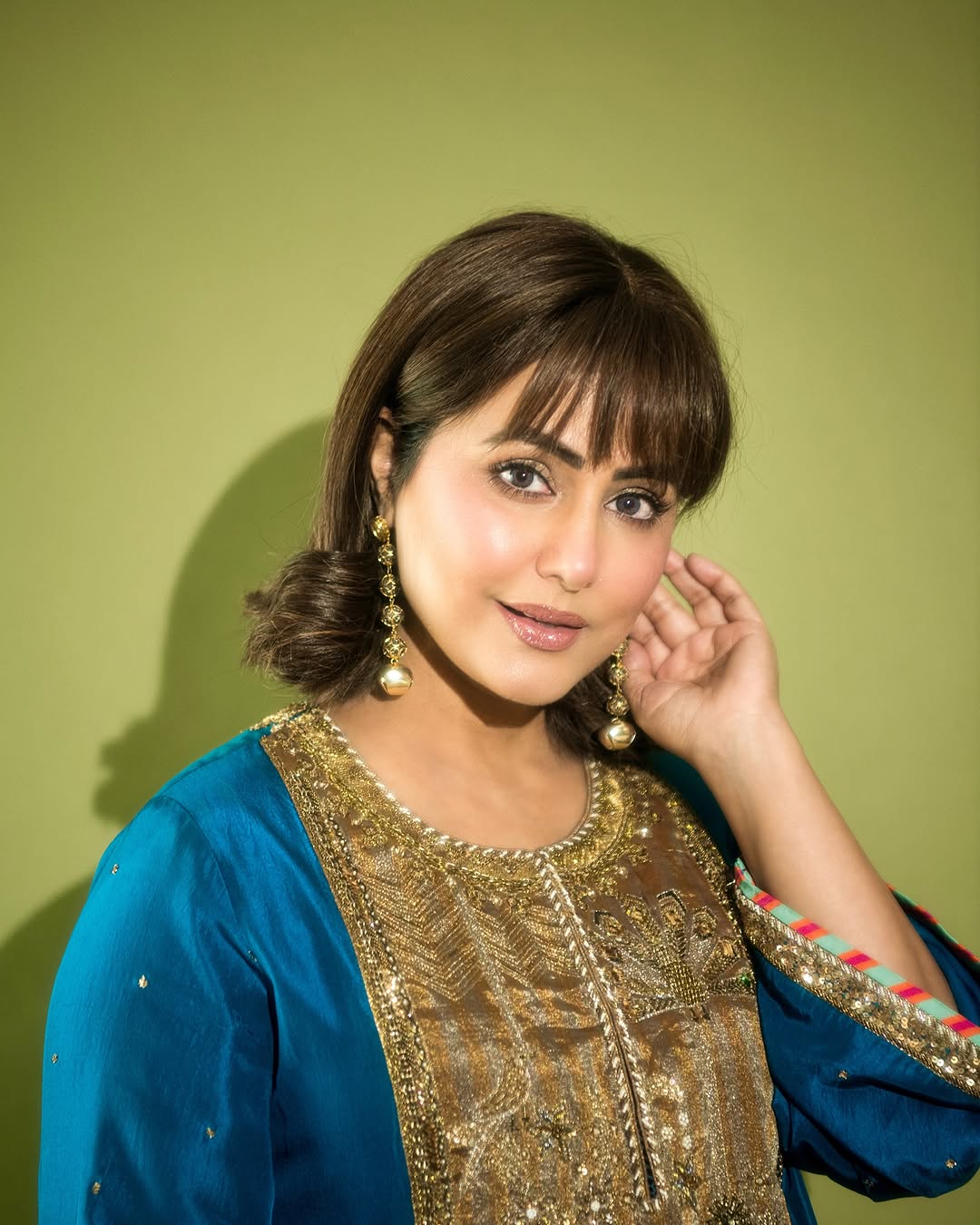 Hina Khan Teal Blue Silk Antique yoke Kurta Set