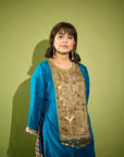 Hina Khan Teal Blue Silk Antique yoke Kurta Set