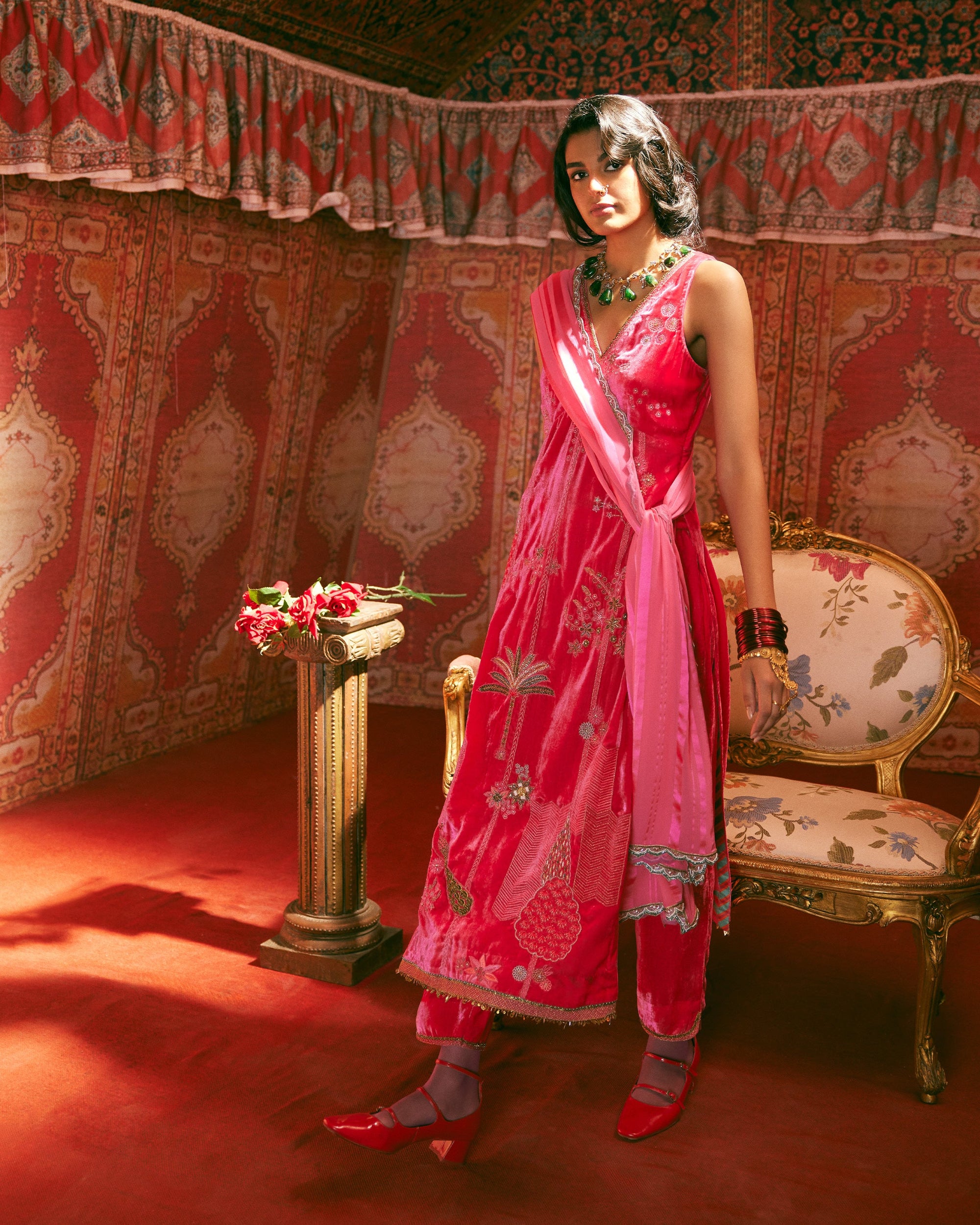 Reejh Hot Pink Nadira Embroidery Velvet Kurta Set