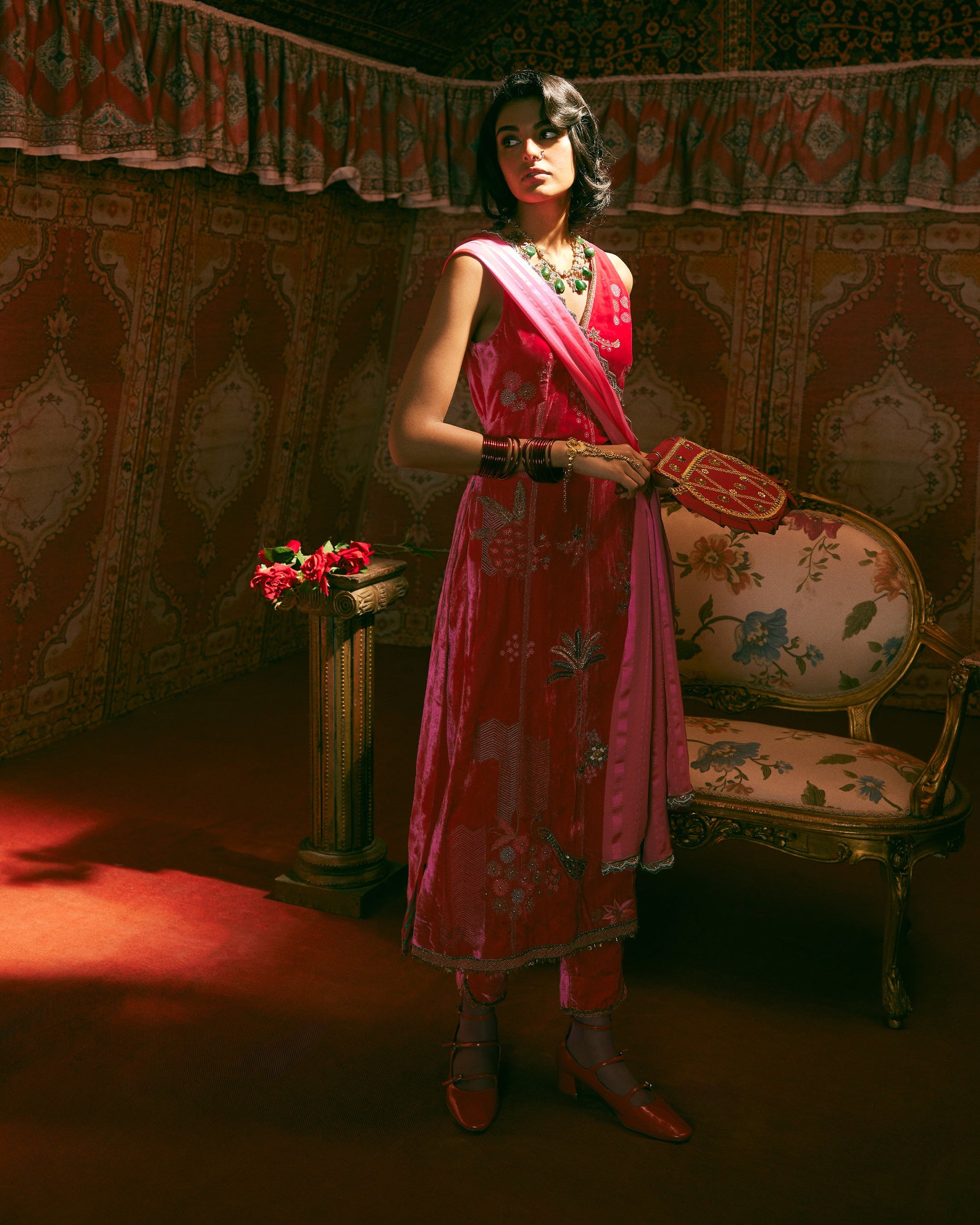 Reejh Hot Pink Nadira Embroidery Velvet Kurta Set