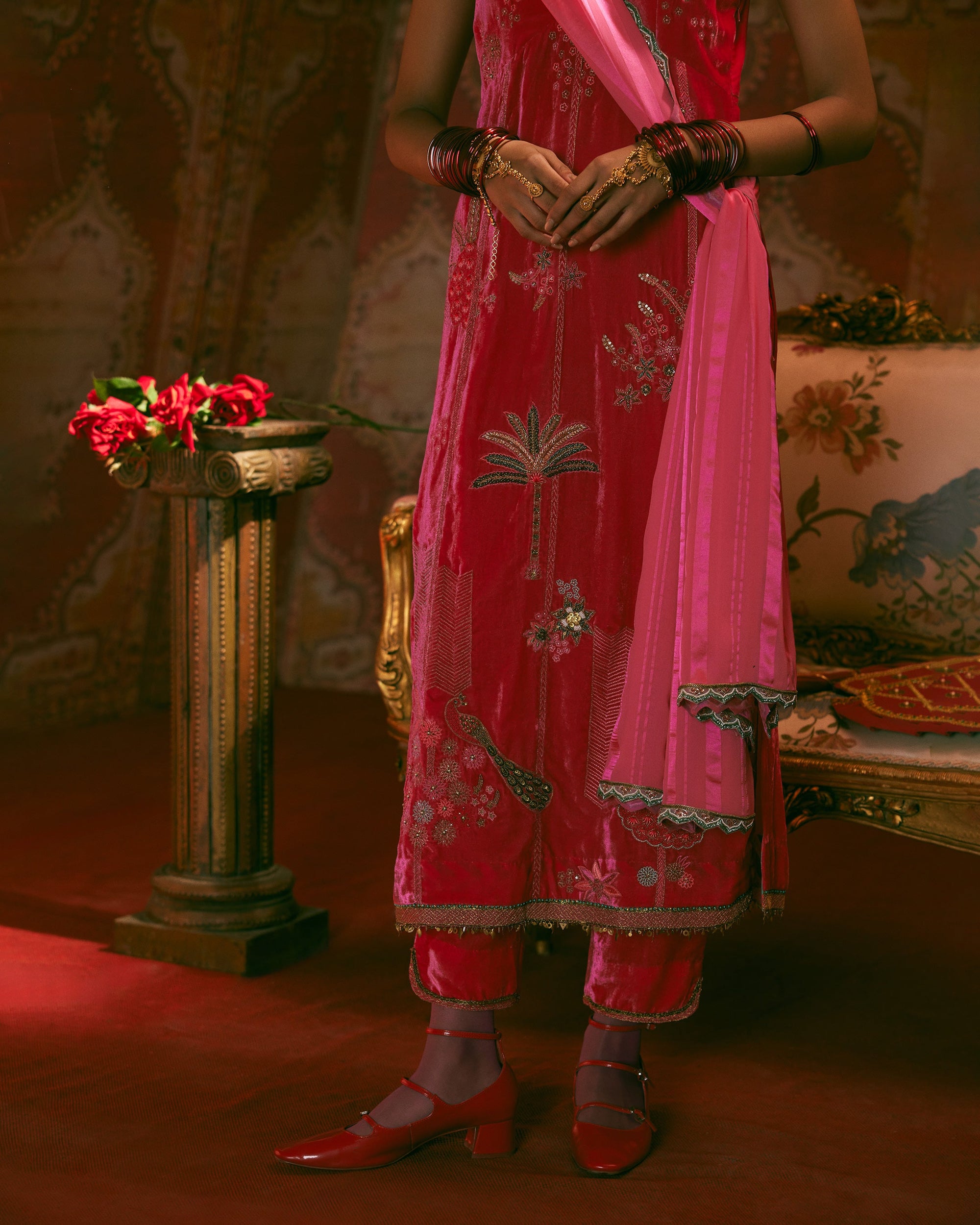 Reejh Hot Pink Nadira Embroidery Velvet Kurta Set