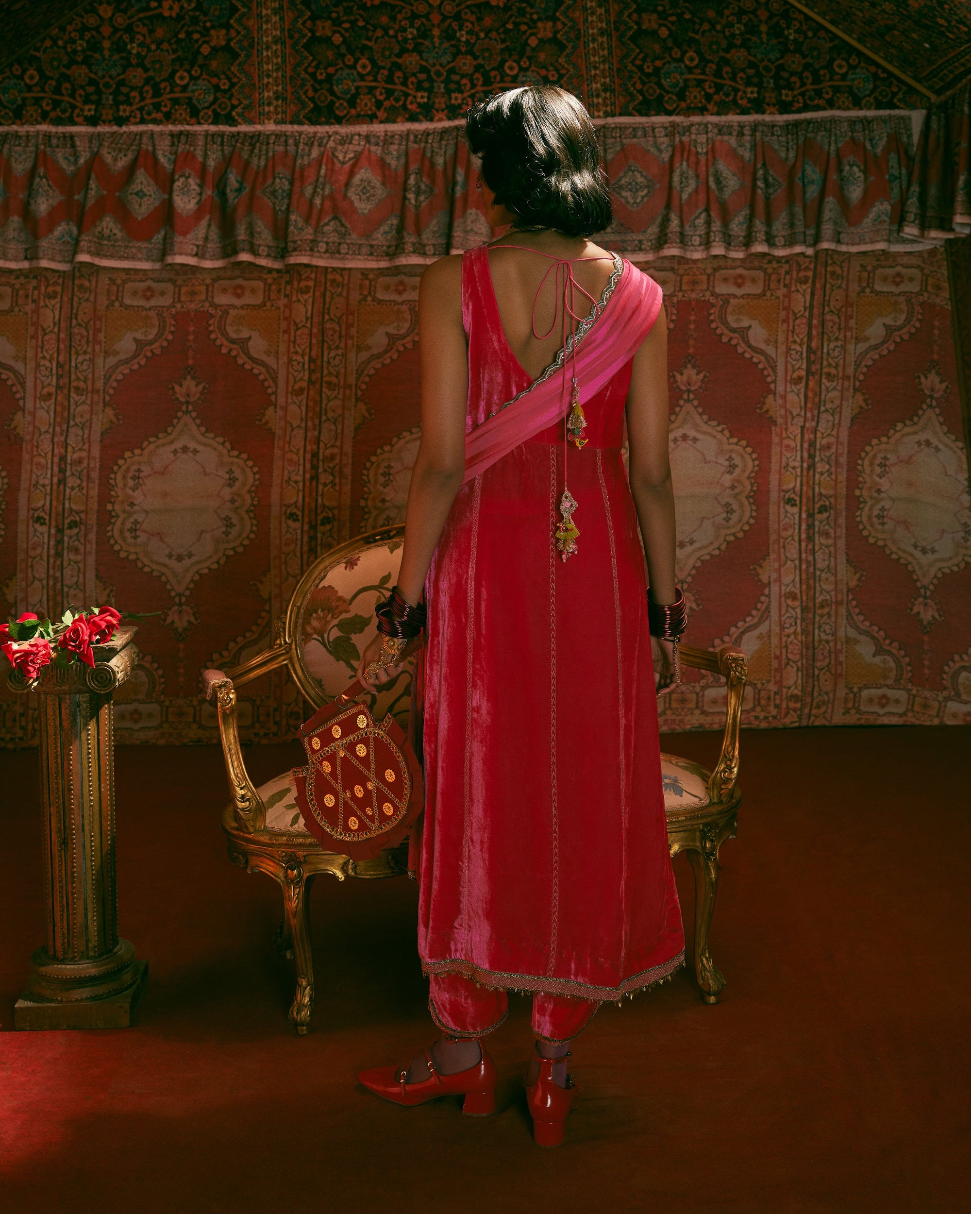 Reejh Hot Pink Nadira Embroidery Velvet Kurta Set