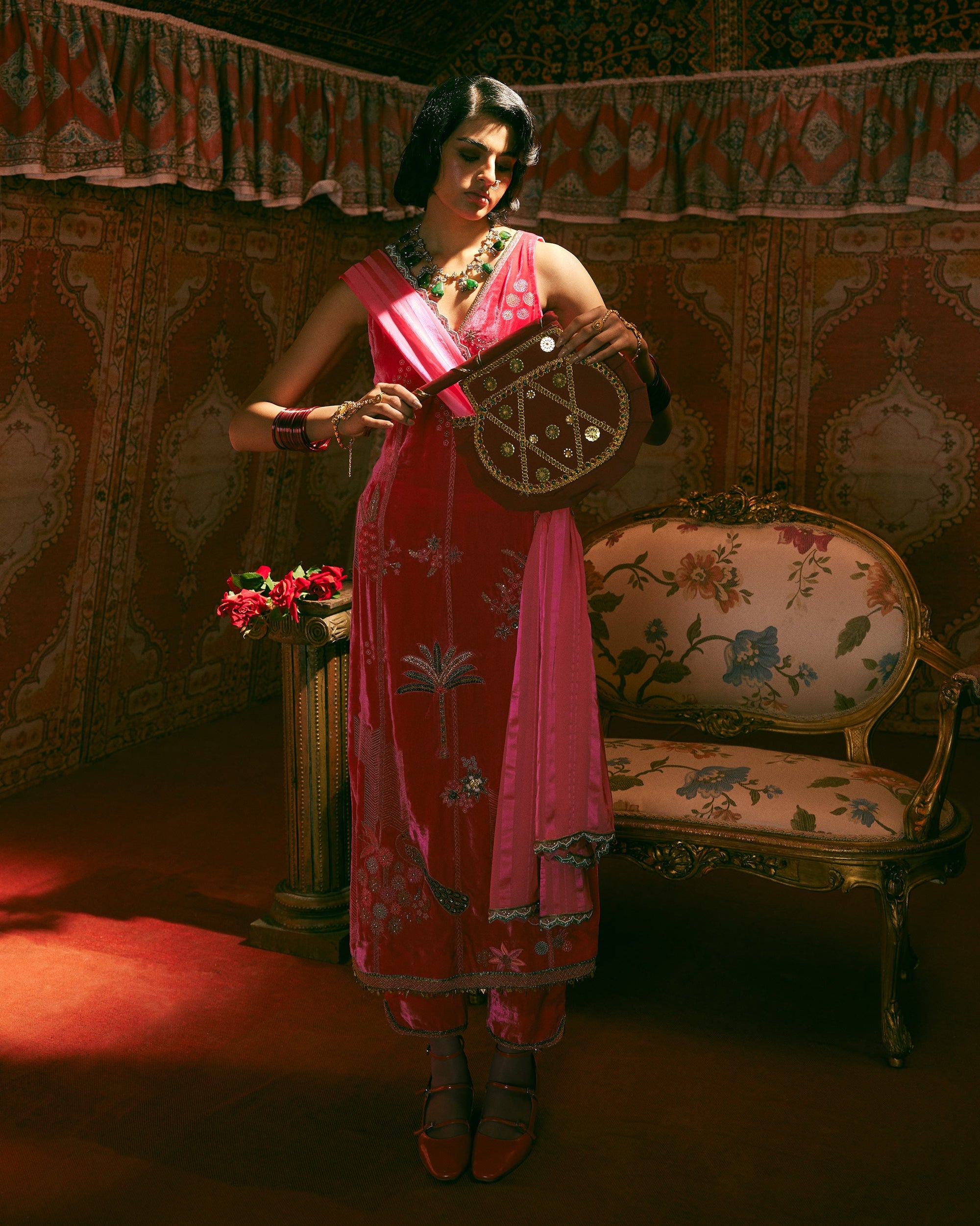 Reejh Hot Pink Nadira Embroidery Velvet Kurta Set