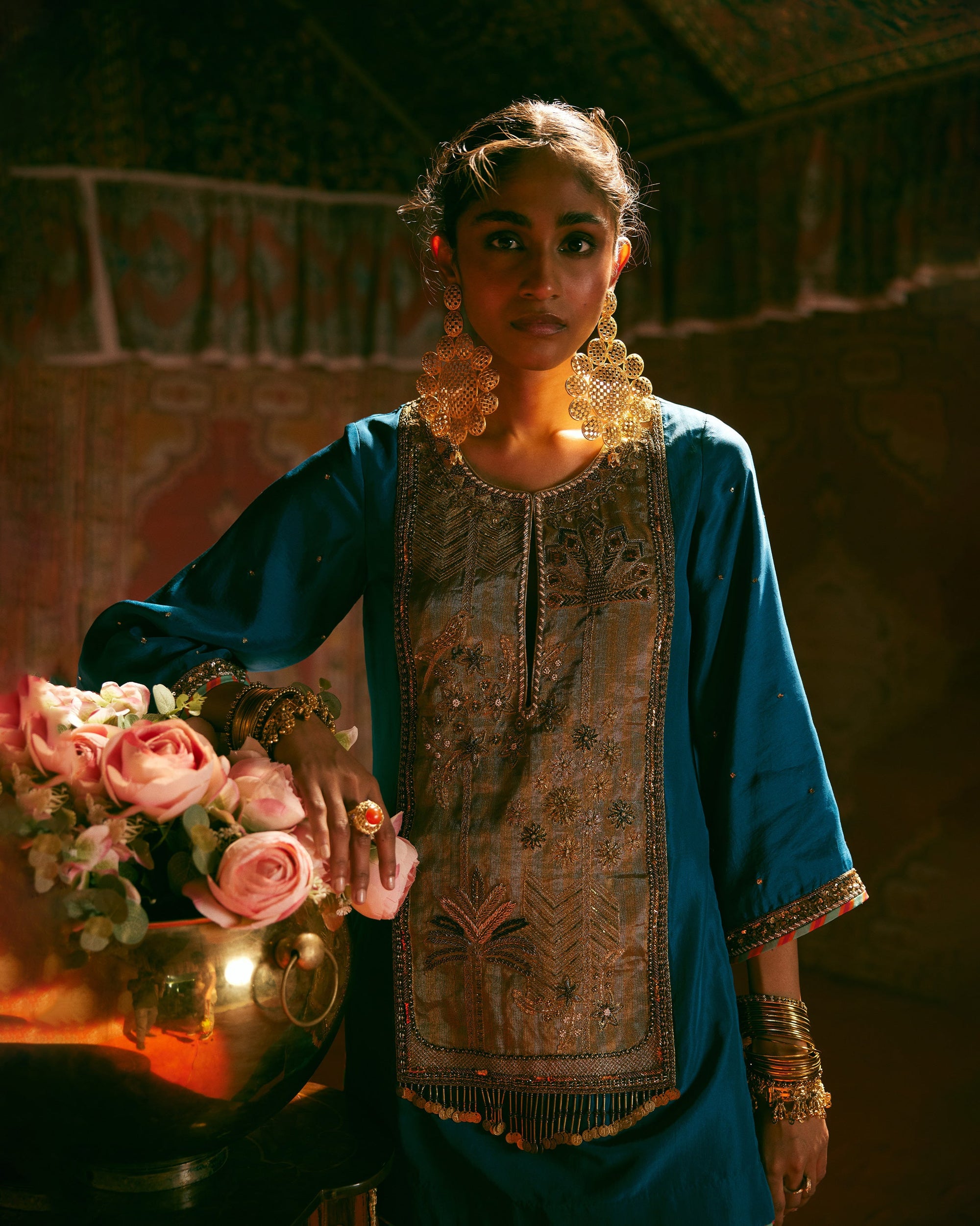 Reejh Teal Silk Antique Yoke Kurta Set