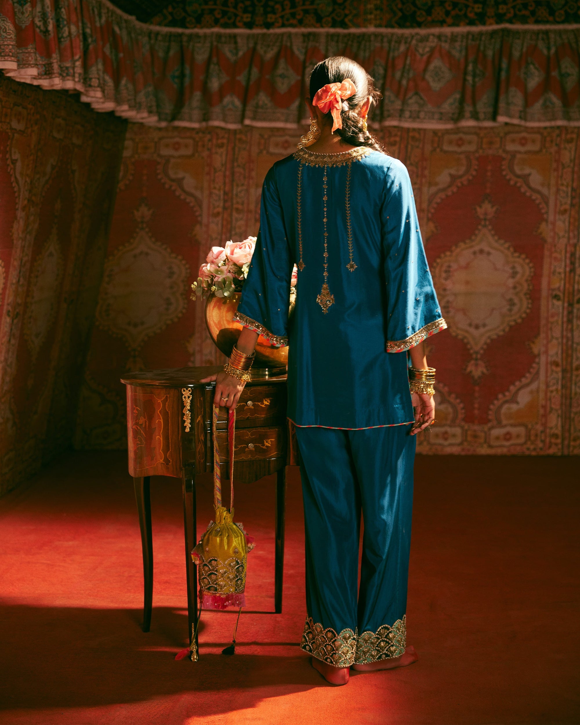 Reejh Teal Silk Antique Yoke Kurta Set
