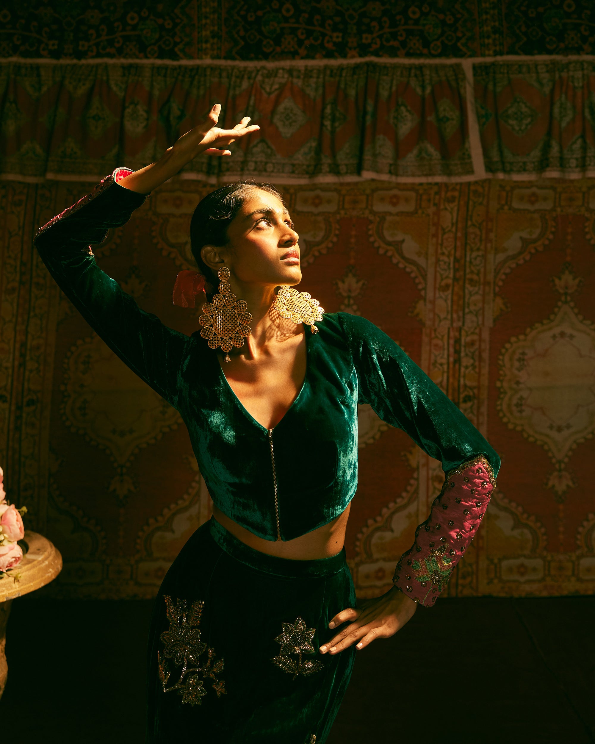 Reejh Velvet Bottle Green Skirt Set