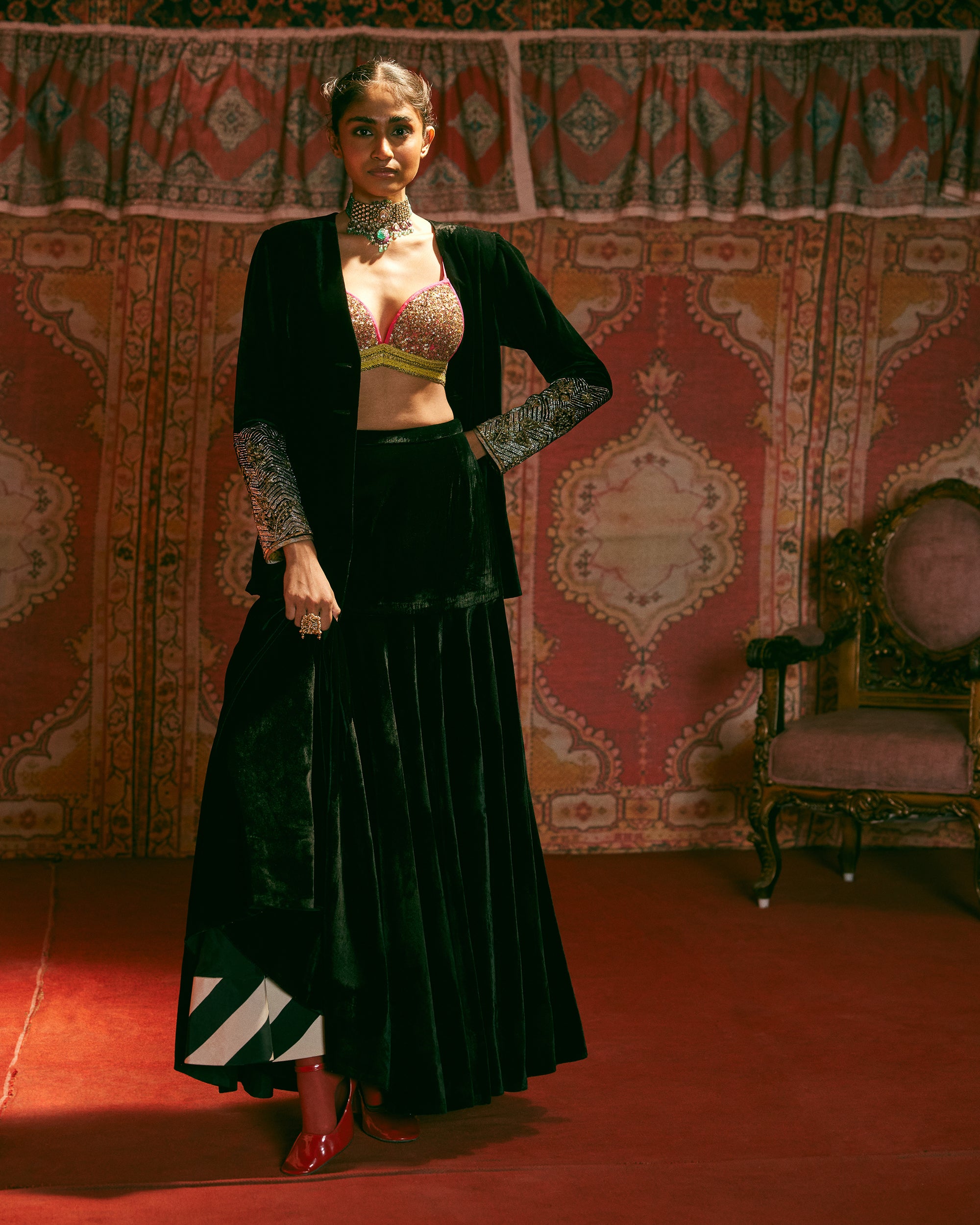 Reejh Black Velvet Jacket Skirt Set