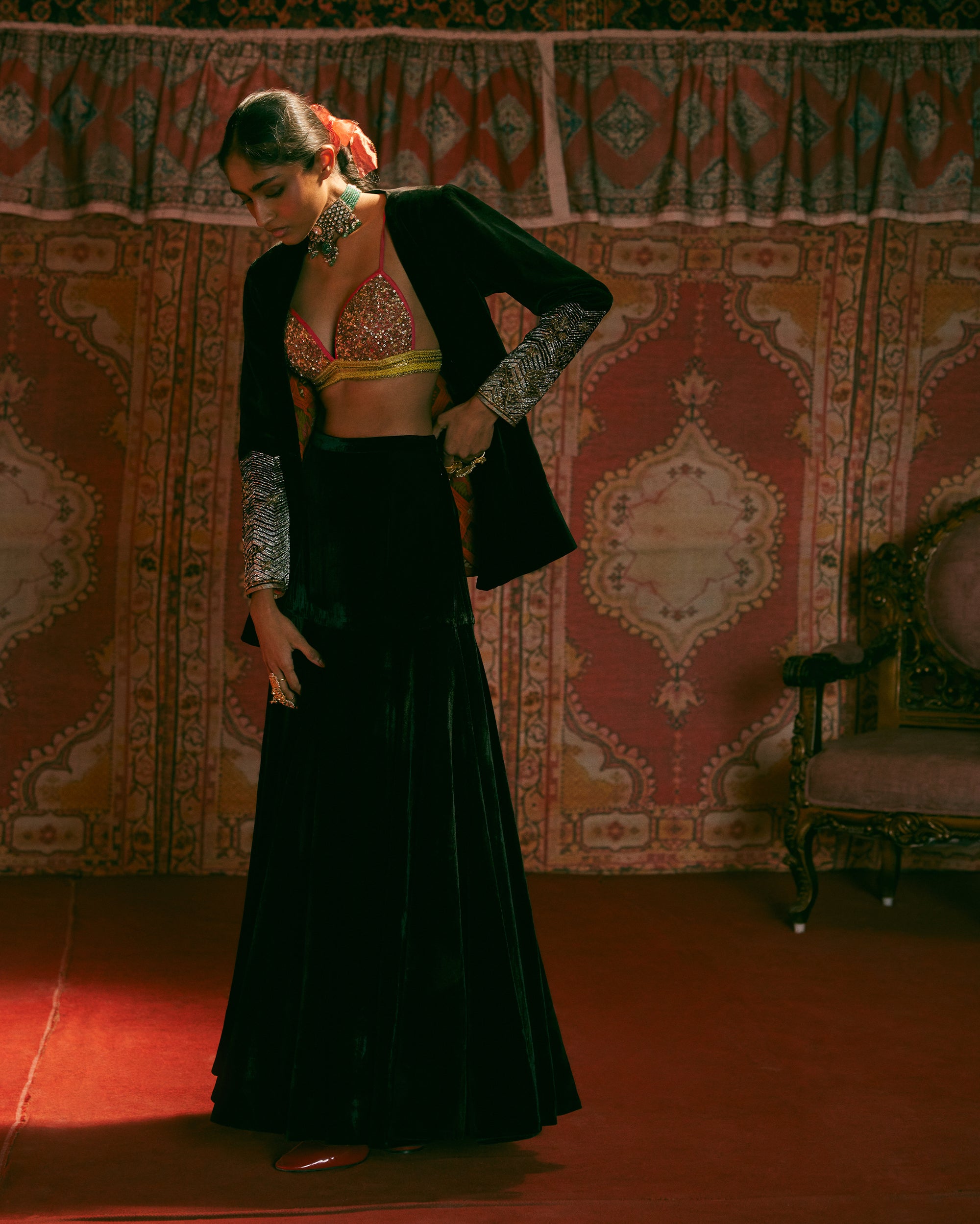 Reejh Black Velvet Jacket Skirt Set