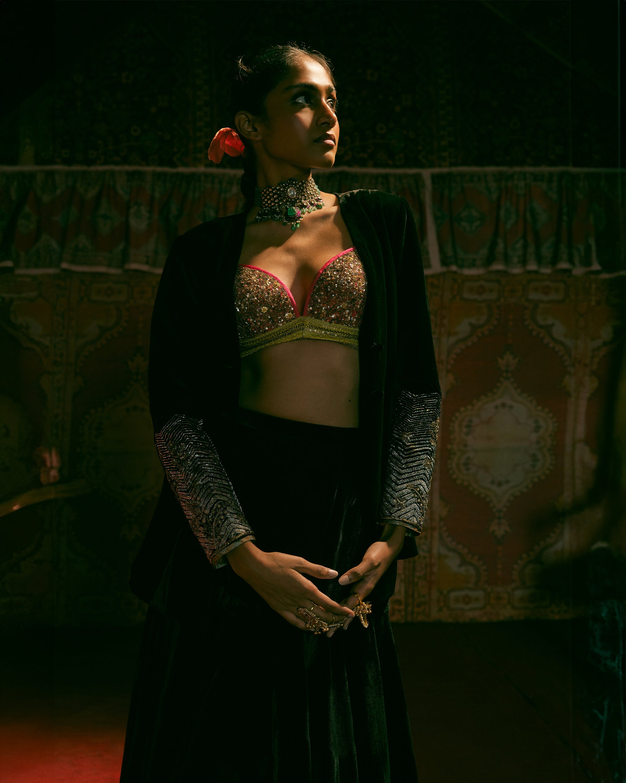 Reejh Black Velvet Jacket Skirt Set