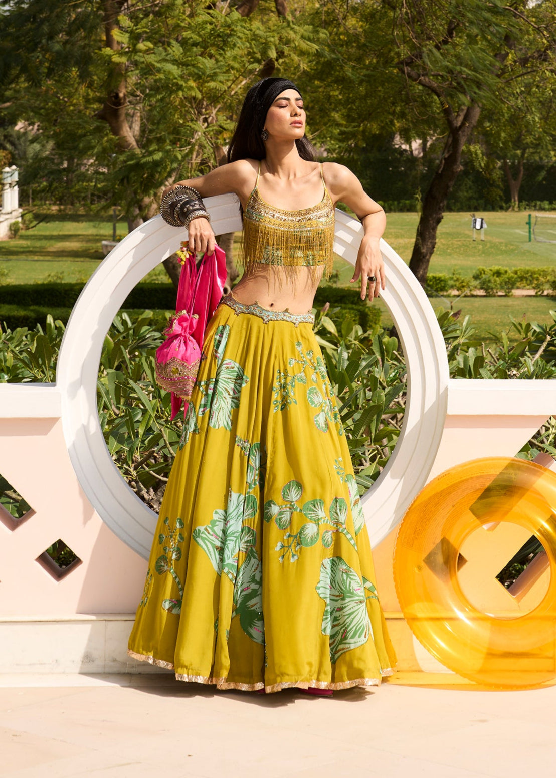 green emerald velvet dress Retro Raani Yellow Sage Lehenga Set