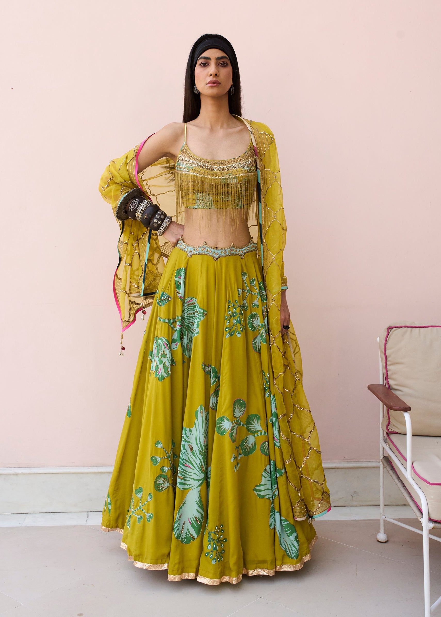 Meher Taluja Retro Raani Yellow Sage Lehenga Set