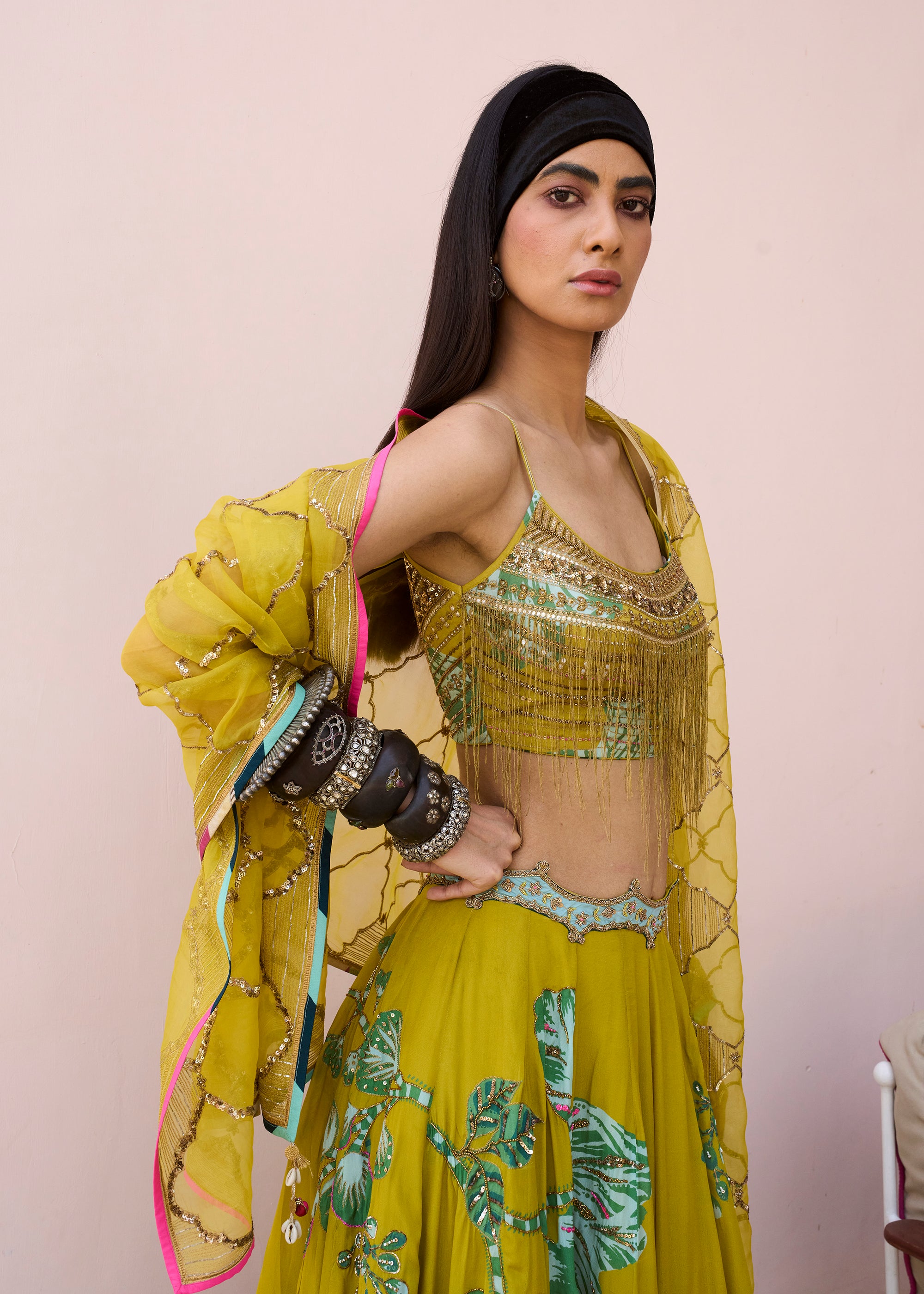 Meher Taluja Retro Raani Yellow Sage Lehenga Set