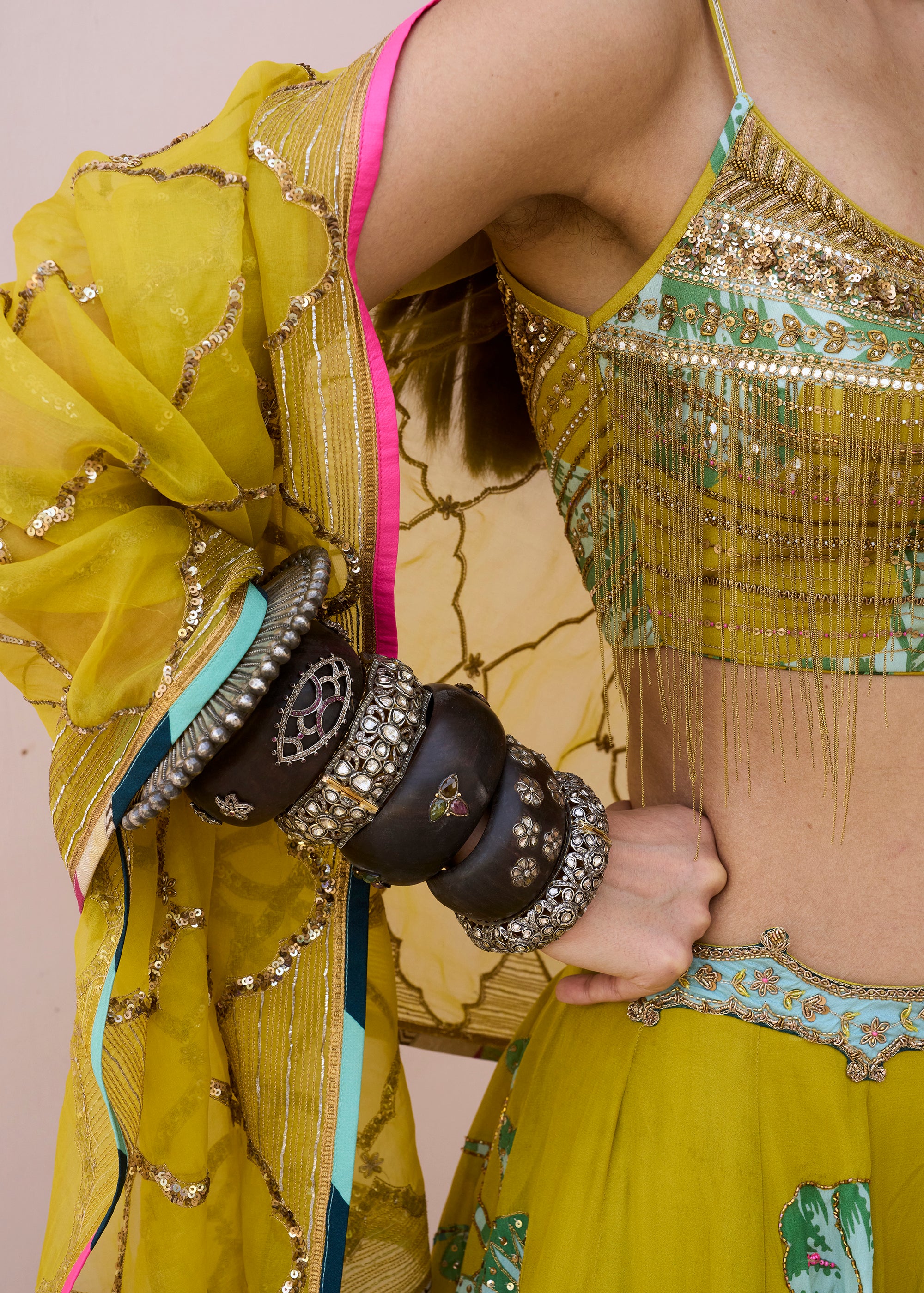 Meher Taluja Retro Raani Yellow Sage Lehenga Set