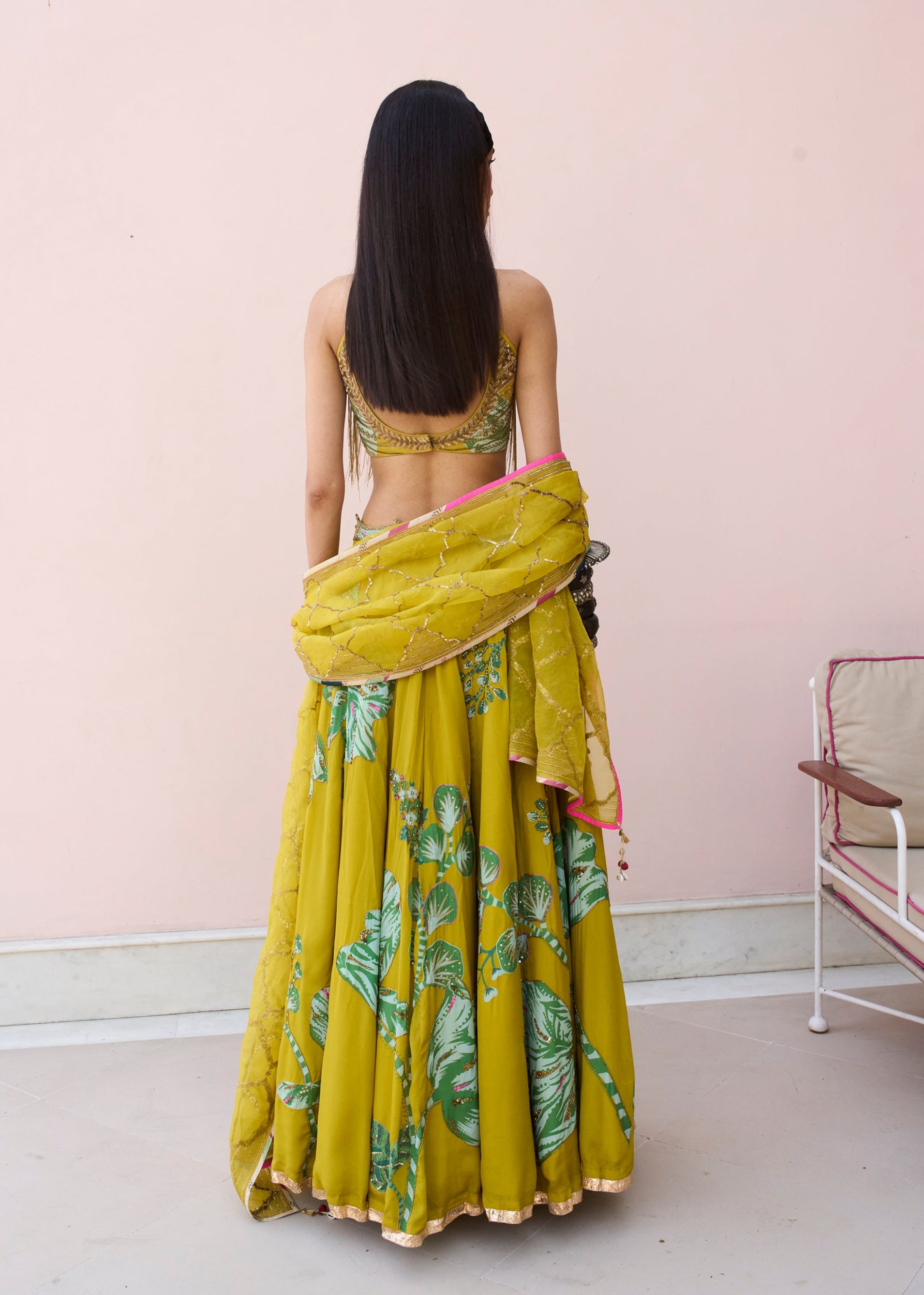Meher Taluja Retro Raani Yellow Sage Lehenga Set