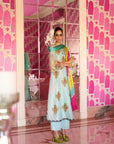 Retro Raani Powder Blue Boota Tissue Kurta Set