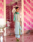 Retro Raani Powder Blue Boota Tissue Kurta Set