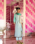 Retro Raani Powder Blue Boota Tissue Kurta Set