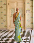 Retro Raani Powder Blue Metal Tassel Blouse Saree Set