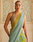 Retro Raani Powder Blue Metal Tassel Blouse Saree Set