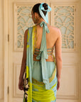 Retro Raani Powder Blue Metal Tassel Blouse Saree Set