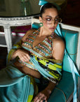 Retro Raani Powder Blue Metal Tassel Blouse Saree Set
