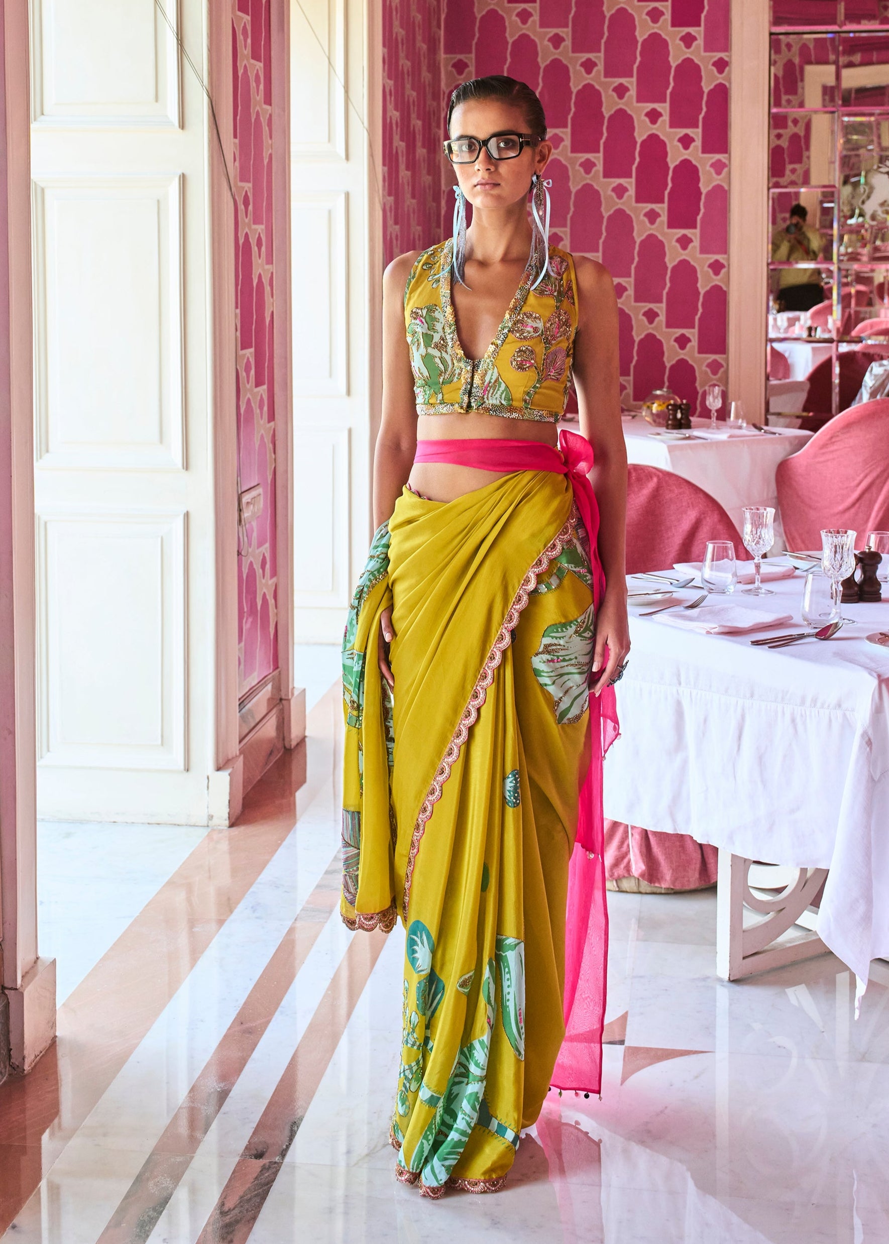 Retro Raani Yellow Sage Embroidered Saree Set